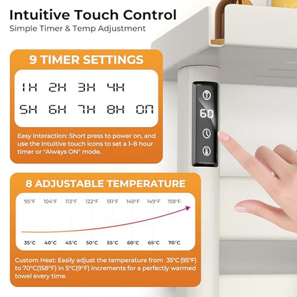 Electric Heated Towel Rack with Removable Top Shelf, Wall Mounted Bathroom Towel Warmer & Drying Rack, 158°F Fast Heating with Touch Screen Timer, Home Spa Towel Holder, Matte Black / Cream White