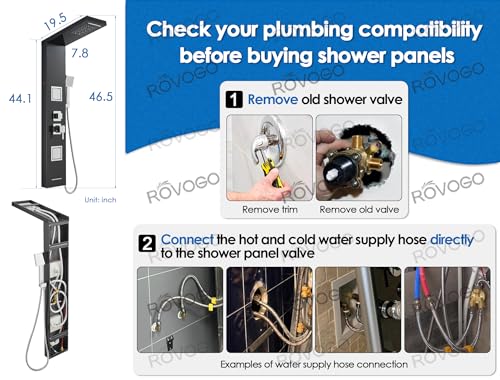 ROVOGO Shower Panel Tower System with Led Lights - Battery Powered, 46.5" | Rainfall Waterfall Shower Head, 2 Body Jets, Handheld and Tub Spout, Stainless Steel Shower Column with Brass Valves, Black - color: Black-2 jets