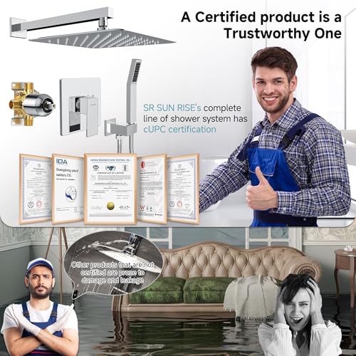 SR SUN RISE Shower Faucet Set & System - 12 Inch Rainfall Shower Head & Handle Set Wall Mounted Polished Chrome Solid Brass Valve Trim Kit Included - color: Polished Chrome, size: 12 Inch