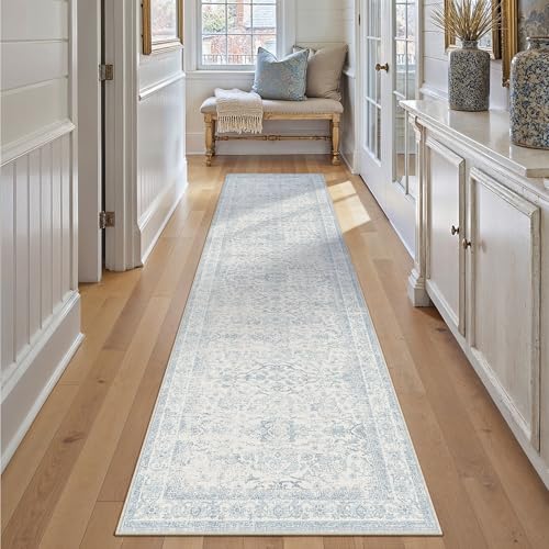 2'6''x10 Light Blue Vintage Floral Washable Runner Rug for Hallway | Low Pile, Non Slip, Retro Style, Soft Distressed Long Hallway Runner for Kitchen, Entryway, Laundry, Bedroom, Home Decor - color: Retro | Light Blue, size: 2'6" x 10' (Runner)