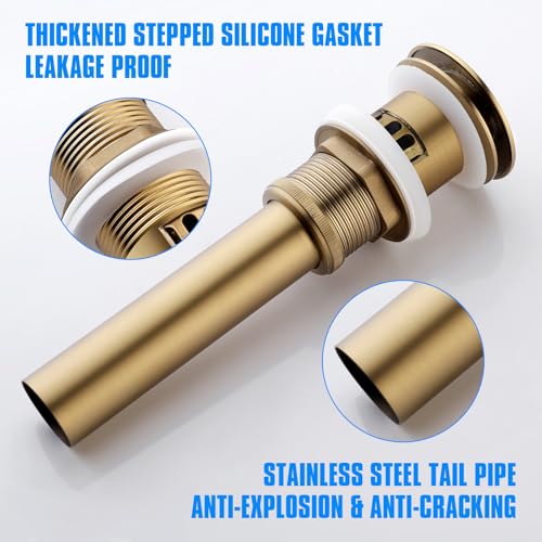 JONKEAN Brushed Gold Pop Up Drain Without Overflow for Bathroom Sink | Built-in Anti-Clogging Strainer, Brass and 304 Stainless Steel for 1.6"-1.9" Sink Hole, Sink Stopper Hair Catcher - size: With Overflow
