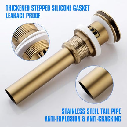 JONKEAN Brushed Gold Pop Up Drain Without Overflow for Bathroom Sink | Built-in Anti-Clogging Strainer, Brass and 304 Stainless Steel for 1.6"-1.9" Sink Hole, Sink Stopper Hair Catcher - size: With Overflow