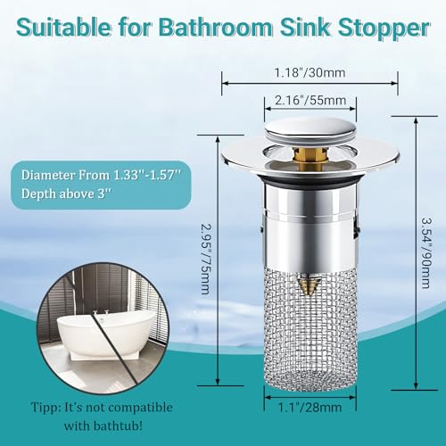 Bathroom Sink Drain Strainer Pop-Up Sink Stopper, Silver, 2Pcs | Hair Catcher Anti-Clog with Removable Stainless Steel Filter Basket, Universal for US Standard Drain Stopper Replacement