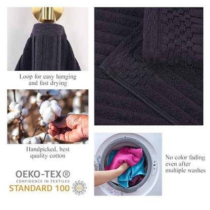 Superior Cotton 8-Piece Solid and Ribbed Towel Set, Face Towels 13” x 13”, Hand Towels 16” x 28”, Bath Towels 27” x 54”, Black - color: Black, size: 8 Piece Towel Set