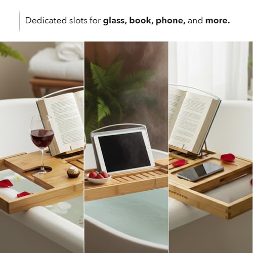 OVENTE Expandable Bamboo Bathtub Tray Caddy, Foldable Bath Tray, BTC20228 | With Book, Tablet, Phone & Wine Glass Holders, Bathroom Accessories & Home Spa Essentials, Easy to Store, Great Gift Idea