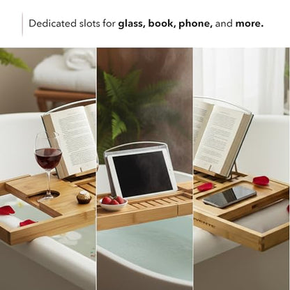 OVENTE Expandable Bamboo Bathtub Tray Caddy, Foldable Bath Tray, BTC20228 | With Book, Tablet, Phone & Wine Glass Holders, Bathroom Accessories & Home Spa Essentials, Easy to Store, Great Gift Idea