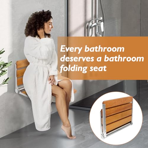 Folding Shower Seat Wall Mounted Shower Bench Teak Folding Shower Chair Wood Seat 316 Stainless Steel Frame Fold Down Shower Seat 600 lbs,1 Pack - color: Teak Wood