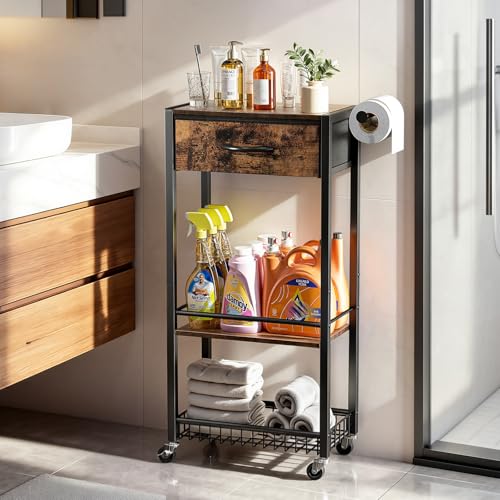Lewondr 3-Tier Narrow Slim Storage Cart with Drawer, Metal, Black | Bathroom Organizer and Storage, with Handle, Wood Top and Wheels, For Small Spaces, Laundry - color: Black