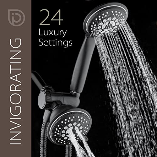 High Pressure 24-Function Dual 2-in-1 Handheld Shower Head Combo | With Self-clean Nozzles, 3-way Anti-swivel Water Diverter, and Premium Stainless Steel Hose / Matte Black Plated Finish - color: Matte Black, size: 2.5 Gallon Per Minute