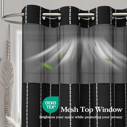 72x81 Ringless Boho Shower Curtain with Snap in Liner, Black and White | Tall Size, Farmhouse Striped Tassel Design, Thick Linen Blend, 3 in 1 Shower Curtain, Waterproof, Washable, Sheer Window - color: Black, size: 72"W x 81"L (Pack of 1)