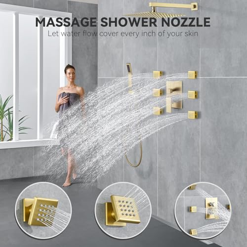 Rain Shower System With Complete 6 Pcs Body Sprays Jets And Pressured Balance Rough-in Valve,12Inch Rainfall Shower Head And Handheld, Modern Brushed Gold Wall Mount Shower Faucets Sets - color: Brushed Gold, style: Wall-Mounted 6 Jets