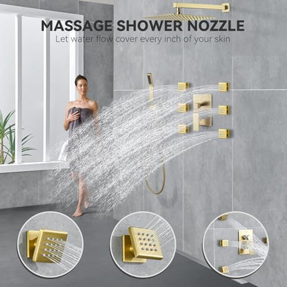 Rain Shower System With Complete 6 Pcs Body Sprays Jets And Pressured Balance Rough-in Valve,12Inch Rainfall Shower Head And Handheld, Modern Brushed Gold Wall Mount Shower Faucets Sets - color: Brushed Gold, style: Wall-Mounted 6 Jets