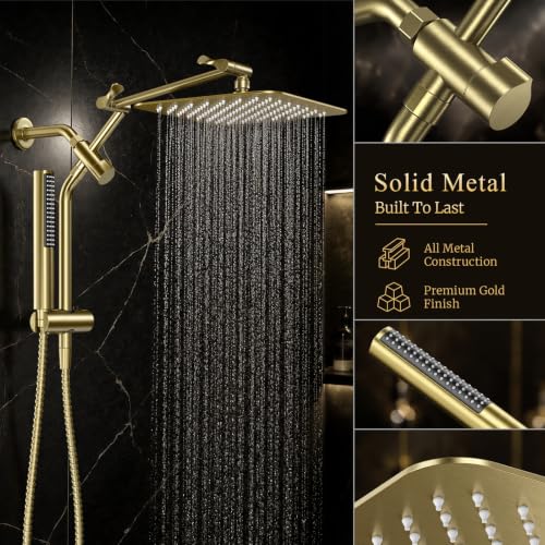 Veken All Metal 10" Luxurious Brushed Gold Rain Shower Head with Handheld | Dual High Pressure Shower Heads,Double Detachable Showerhead, Square Adjustable Rainfall,Bathroom Upgrade,Best Showerheads - color: Gold-brushed, size: 10 Inch
