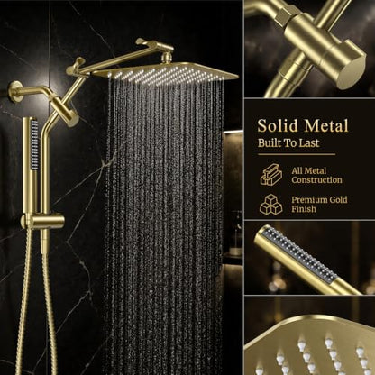 Veken All Metal 10" Luxurious Brushed Gold Rain Shower Head with Handheld | Dual High Pressure Shower Heads,Double Detachable Showerhead, Square Adjustable Rainfall,Bathroom Upgrade,Best Showerheads - color: Gold-brushed, size: 10 Inch
