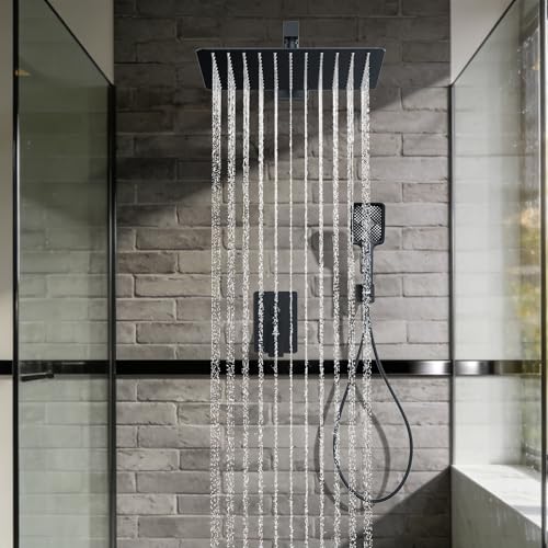 Shower System Modern Rain Brass Faucet Set With Valve and Diverter Shower Mixer With Handheld High Pressure Square Rainfall Shower Valve (12'' Wall Mount, Matte Black) - color: Matte Black, style: 12'' Wall Mount