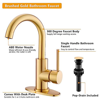 Gold Bathroom Faucets - Single Hole Waterfall Vanity Sink Faucet with Drain Assembly, Brushed Gold Waterfall Bathroom Faucets 360° Swivel Spout Vanity Faucet Single Handle Lavatory Faucets - color: Brass Gold