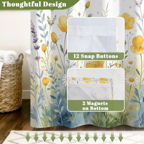 Watercolor Floral Shower Curtain with Snap in Liner, 71x74 Inch | No Hooks Needed, Mesh Top & Double Layer Waterproof Bath Curtain, Wildflower Botanical Design for Country Farmhouse Bathroom - color: Nature Flowers