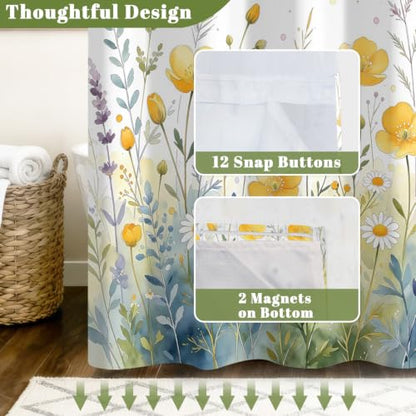 Watercolor Floral Shower Curtain with Snap in Liner, 71x74 Inch | No Hooks Needed, Mesh Top & Double Layer Waterproof Bath Curtain, Wildflower Botanical Design for Country Farmhouse Bathroom - color: Nature Flowers