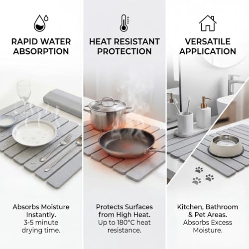 Collapsible Stone Dish Drying Mat for Kitchen Counter - 24" x 16" Diatomaceous Earth Mat, Super Absorbent & Quick Dry, Include Anti-Slip Pad & Sanding Tool, Grey