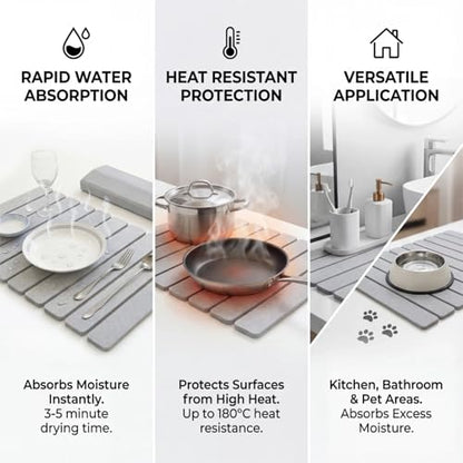 Collapsible Stone Dish Drying Mat for Kitchen Counter - 24" x 16" Diatomaceous Earth Mat, Super Absorbent & Quick Dry, Include Anti-Slip Pad & Sanding Tool, Grey