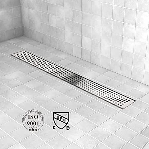 40 inch Linear Shower Drain Brushed Silver with Grate Removable | Square Hole Panel,AISI 304 Stainless Steel Fast Drainage Rectangle Hidden Shower Trench,Detachable Hair Catcher,Leveling Feet - color: Stainless Steel, size: 40 inch+No Base