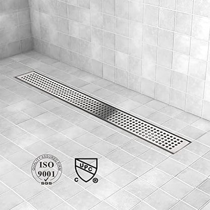 40 inch Linear Shower Drain Brushed Silver with Grate Removable | Square Hole Panel,AISI 304 Stainless Steel Fast Drainage Rectangle Hidden Shower Trench,Detachable Hair Catcher,Leveling Feet - color: Stainless Steel, size: 40 inch+No Base