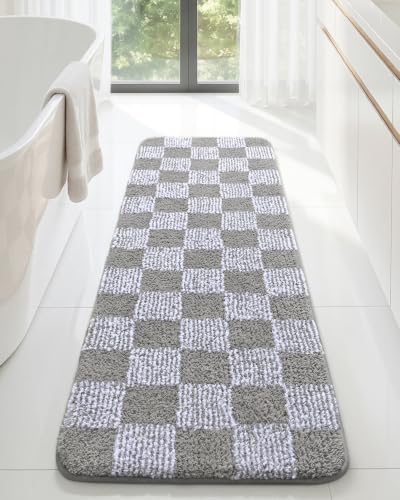 LOCHAS Long Bathroom Runner Rug 48×17, Checkered Bath Mat Non Slip, Grey | Rubber Backing Absorbent Machine Washable, Microfiber Carpet for Kitchen Bedroom Entryway - color: Grey, size: 48" x 17"