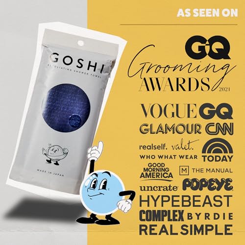 GOSHI Exfoliating Shower Towel - Long Body Scrubber, Blue | For back acne, KP & smooth skin, durable quick dry nylon washcloth, ethically crafted in Gunma, Japan - color: Blue