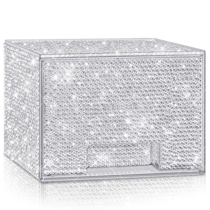 Bling Stackable Cosmetic Organizer with Silver Rhinestones, Glitter Acrylic Drawer, Shiny Plastic Organizer for Dresser, Vanity,Pantry, Home Organization and Storage