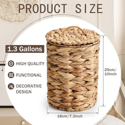 Ctosree 1.3 Gal Boho Wicker Trash Can with Lid,Natural | Small Woven Waste Basket with Lid Handle, 100 Bags Included, Boho Design for Bedroom Bathroom Office Laundry - color: Natural, style: Round