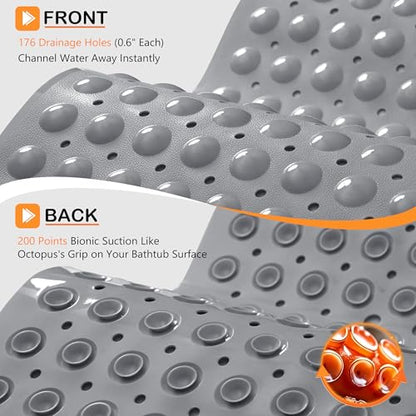 Yimobra Non Slip Bathtub Mat 40 x 16 Inch, Extra Long Shower Mat with Drain Holes, Machine Washable Baby Bath Mats, Strong Suction Cups for Bathroom Floor, Grey - color: Grey