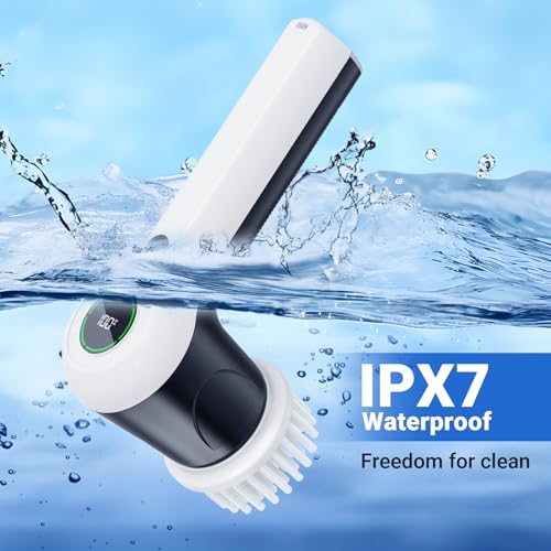 PUFTEM Electric Spin Scrubber, Cordless Shower Scrubber | Battery Level Display, Dual Speed, 6 Replaceable Brush Heads, IPX7 Waterproof, Long Runtime, Tub, Tile & Sink Cleaning - color: White