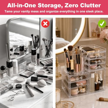 2-Tier Acrylic Makeup Organizer, 360° Rotating Brush Holder & 7 Drawers | Stackable Design; 7 Detachable Drawers; Crystal Clear Display; Space-Saving Countertop Caddy for Vanity, Bedroom & Bathroom - size: 2 Tier-7 Drawers