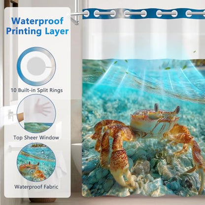No Hook Shower Curtains for Bathroom, Beach Crab Themed Summer Shower Curtain with Snap in Liner, Mesh Top Window and Weighted Hem, Easy to Install Heavy Shower Curtain No Hooks Needed, 71x74 Inches - color: Crab