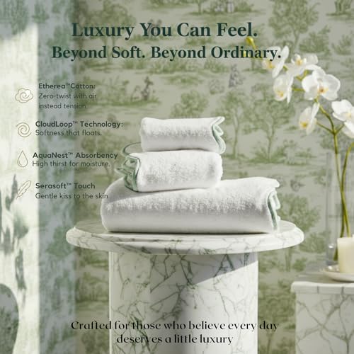 Lotus Linen Scallop Piping Towel Set of 6, 100% Zero Twist Cotton, 2 Bath, 2 Hand Towels, 2 Washcloths, Hanging Loops, Soft Absorbent Bathroom Essentials (Sage Green Piping, Towel Set (Pack of 6)) - color: Sage Green Piping, size: Towel Set (Pack of 6)