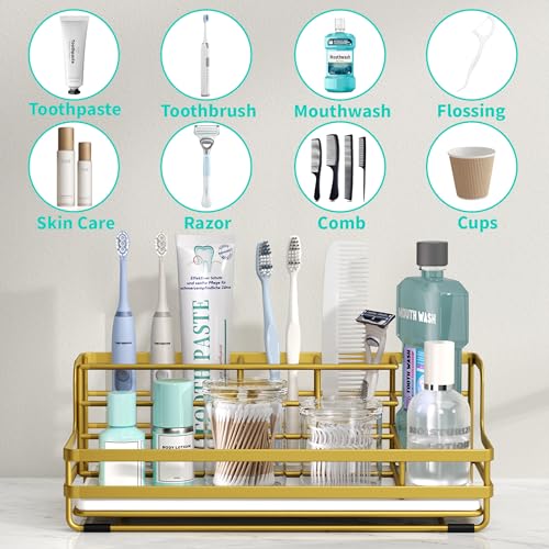 HapiRm Toothbrush Holders for Bathroom - 5 Partitions Bathroom Counter Organizer with Instant Drying Stone, Stainless Steel Countertop Storage Electric Toothbrush Toothpaste Holder - Gold - color: Gold