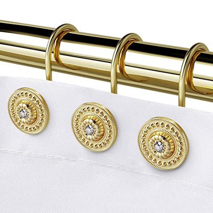 Gold Rhinestone Shower Curtain Hooks, 12 Pack Rustproof Metal Rings | Zinc alloy & acrylic rhinestone design; 4 mm thick wire holds up to 50 lb; anti-rust coating for wet bathroom - color: Gold