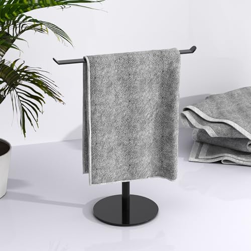 Black T-Shaped Hand Towel Holder Stand for Countertops, Stainless Steel | Countertop rack for bathrooms and kitchens; waterproof finish organizes hand towels, headbands and other lightweight items. - color: Black