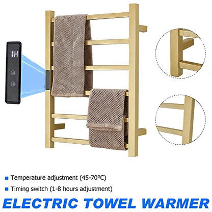 Gold Heated Towel Warmer Rack Bathroom Accessories, Wall Mounted Electric Heated Towel Rail 6 Bars Stainless Steel Electric Drying Racks with Timer, Home Towel Warmer Radiator, Hardwired