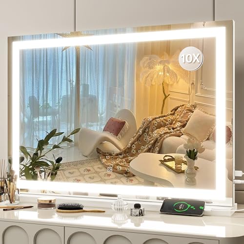 FENNIO Vanity Mirror with Lights 32"x22", Lighted Makeup Mirror, Large Vanity Mirror, Touch Sensor with 3-Color Lighting, USB Charging Port for Vanity Desk（Square White） - color: White, size: 22.5"L x 31.5"W