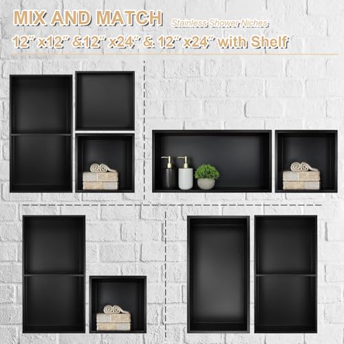 24×12 Stainless Steel Shower Niche,No Tile Required Shower Niche | Recessed Shower Niche,Stainless Steel, Matte Balck, Wall Mount Bathroom Storage,Easy to Install,Inner Size: 23.2" × 11.2" - color: Matte Black, size: 24W * 12H (Single Shelf)