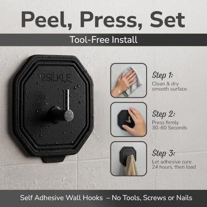 SILKLE Silicone Shower Hooks for Inside Shower, 2-Pack Adhesive Towel Hooks | Adhesive Shower Hooks, No Drill - Razor & Loofah Holders for Shower Wall, Heavy-Duty, Waterproof, Damage-Free - Black - color: Black