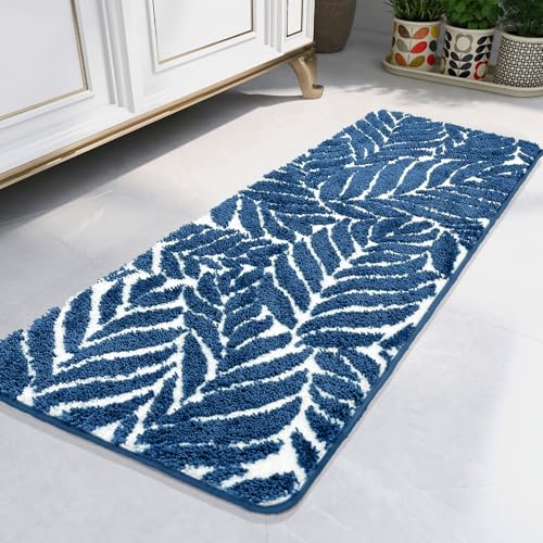 Blue Bathroom Runner Rug - Blue Long Bath Mat Tropical Leaf Bath Rugs Non Slip Washable Bathrug for Bathroom Floor, Cute Restroom Rug, Plant Absorbent Bathmat Botanical Home Decor 18" x 47" - color: Dark Blue, size: 1'6" x 4' (Rectangular)