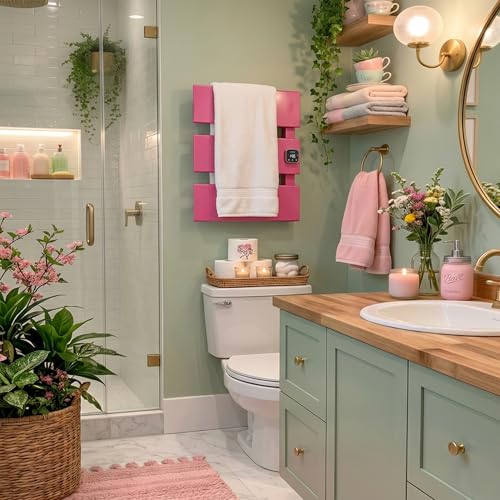 3 Panel Pink Heated Towel Rack for Bathroom Towel Warming | Fast-heat in 2-3 minutes. Dry towels in 4 hours. Smart thermo control and precise timer, Work with Smart Plug. - size: 3 Panel