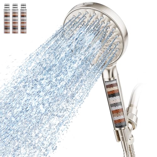 SR SUN RISE Filtered Shower Head with Handheld High Pressure 9 Spray Mode Showerhead Detachable Shower Head Water Softener Filters Beads for Hard Water Remove Chlorine 4 Filters Brushed Nickel - color: Brushed Nickel, size: 4 Filters