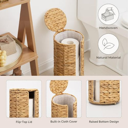 StorageWorks Water Hyacinth Free Standing Toilet Paper Holder Stand for Bathroom, 3 Rolls of Toilet Tissue Storage with a Built-in Cloth Lining, Toilet Roll Holder Stand with Lid | Decorative 3 Rolls of Toilet Tissue Storage with a Built-in Cloth Lining,