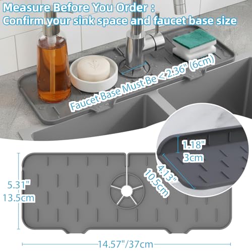 Silicone Faucet Handle Drip Catcher Drying Tray Mat Dish Soap Sponge Holder Accessories Gadgets for Kitchen Counter Bathroom Kitchen Sink Splash Guard (Gray, 14.56") - size: 14.6" x 5.5"