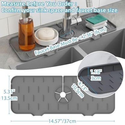 Silicone Faucet Handle Drip Catcher Drying Tray Mat Dish Soap Sponge Holder Accessories Gadgets for Kitchen Counter Bathroom Kitchen Sink Splash Guard (Gray, 14.56") - size: 14.6" x 5.5"
