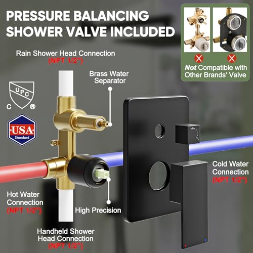 Kurpot Black Shower System, Wall Mounted Shower Faucet Set with Valve, 10-Inch Rainfall Shower Head with Handheld Combo Spray, 59'' Long Shower Hose and Shower Trim Kit, Matte Black - color: Matte Black