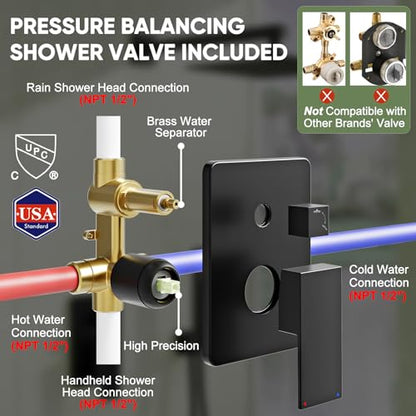 Kurpot Black Shower System, Wall Mounted Shower Faucet Set with Valve, 10-Inch Rainfall Shower Head with Handheld Combo Spray, 59'' Long Shower Hose and Shower Trim Kit, Matte Black - color: Matte Black